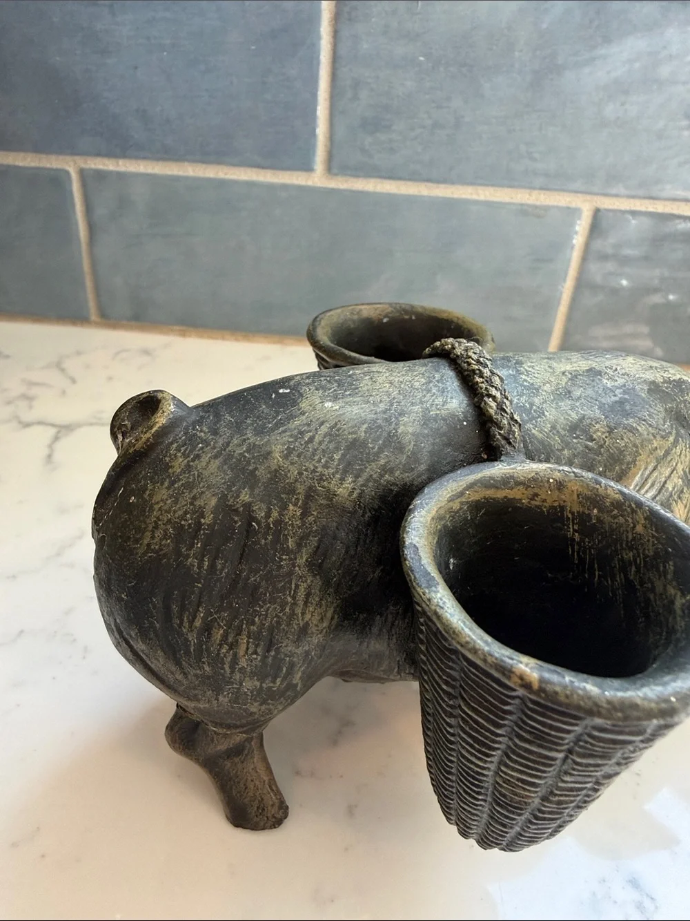 French Style Bronze/Black Pig with Woven Basket Accent